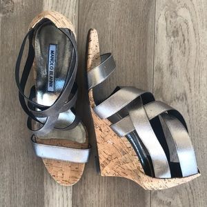 Manolo Blahnik Glassa Silver Cork Wedge Sandals
